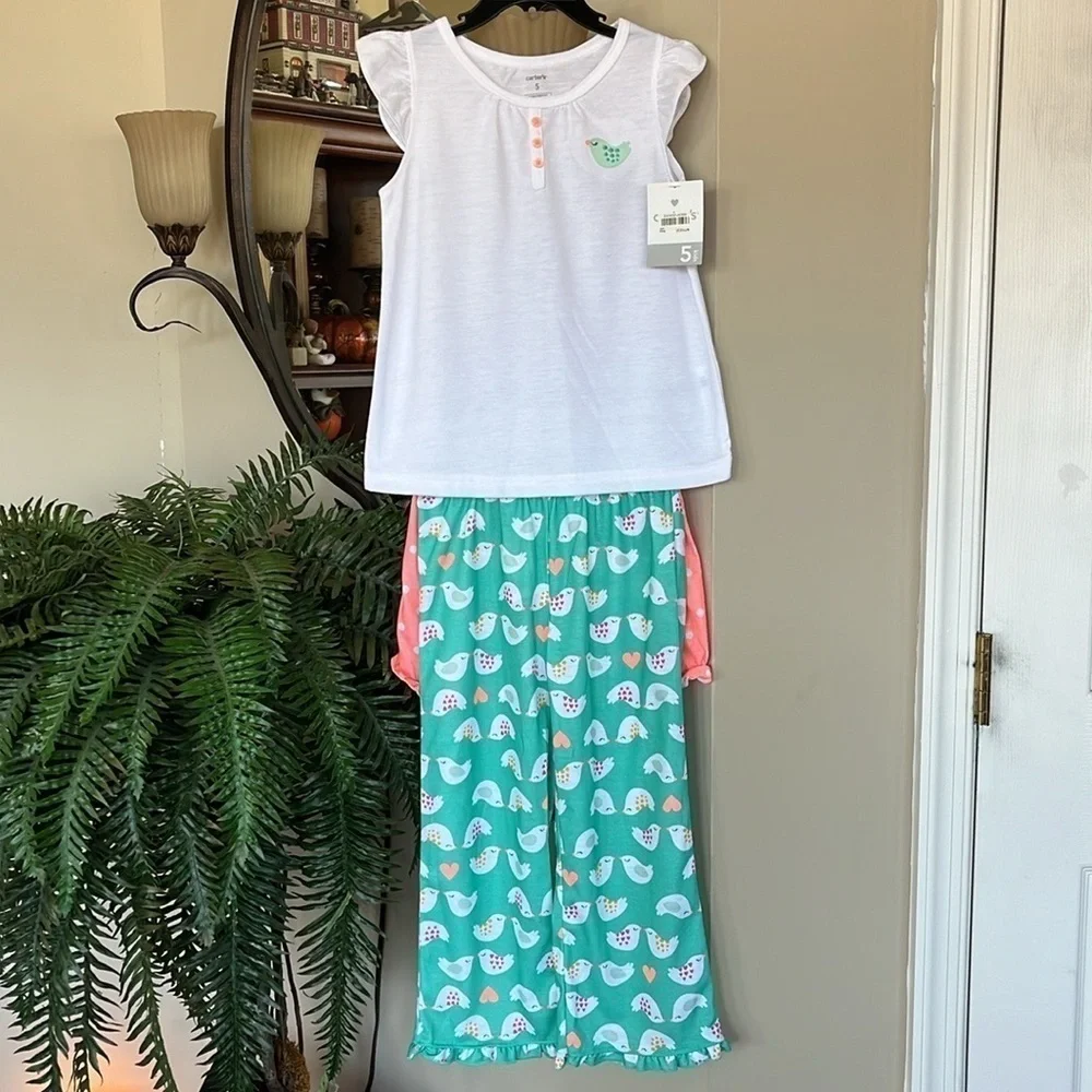 Brand New Carter’s 3-Piece Lovebirds Hearts Pajama Set White Top Pants & Shorts